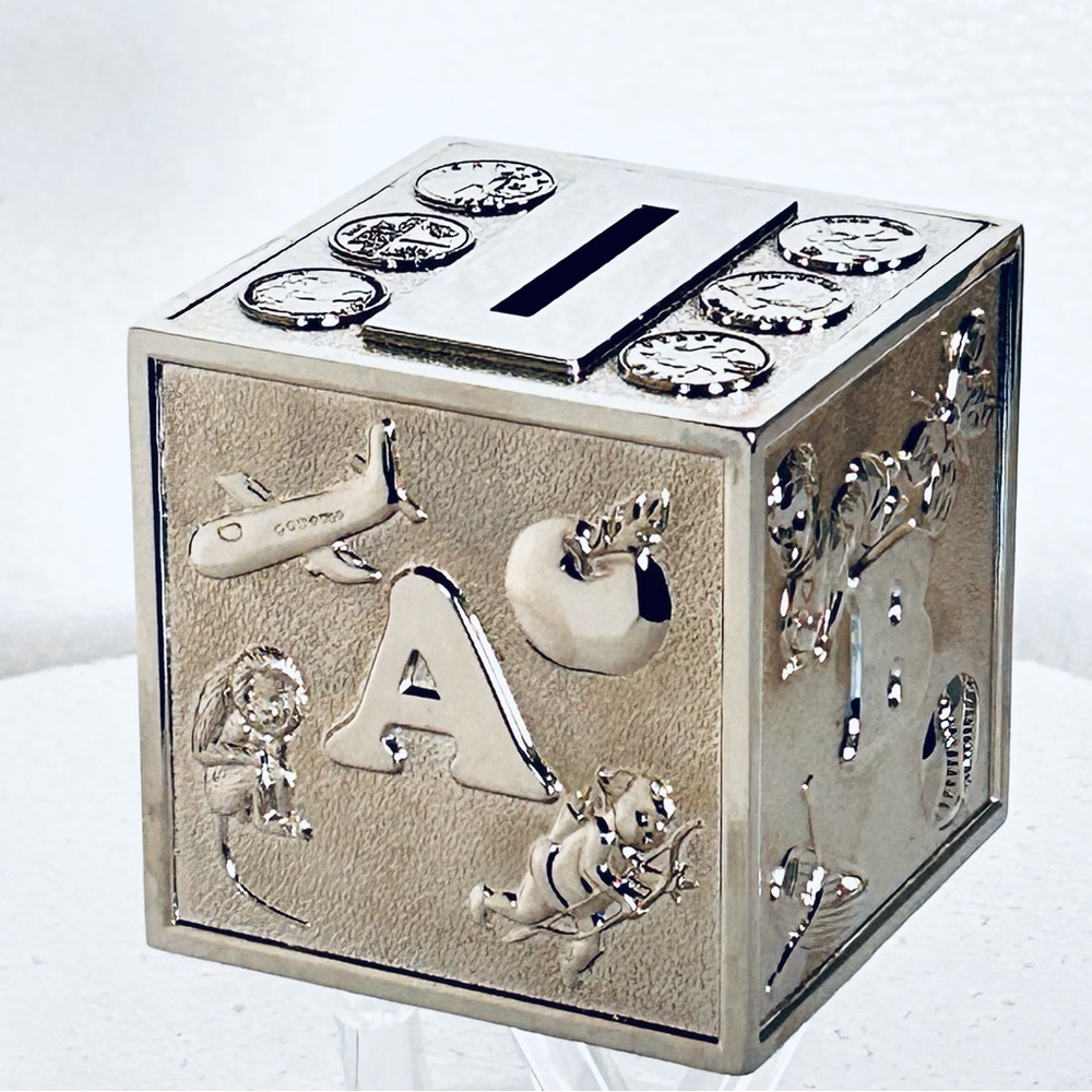 Godinger Kids Classic Alphabet Embossed Cubic NonTarnish Keepsake Money Bank NIB